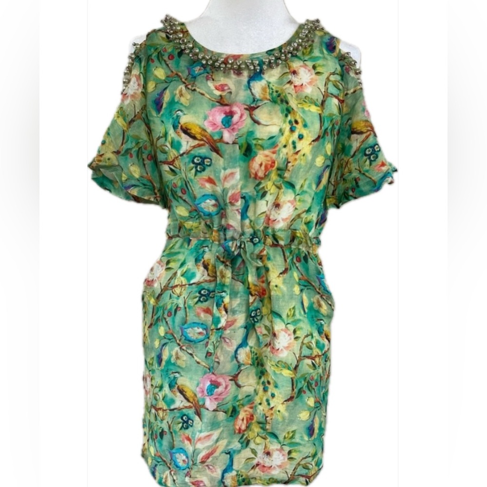 Alaroo Cold Shoulder Dress Floral w/ Pearl and Pink Gemstones Size M